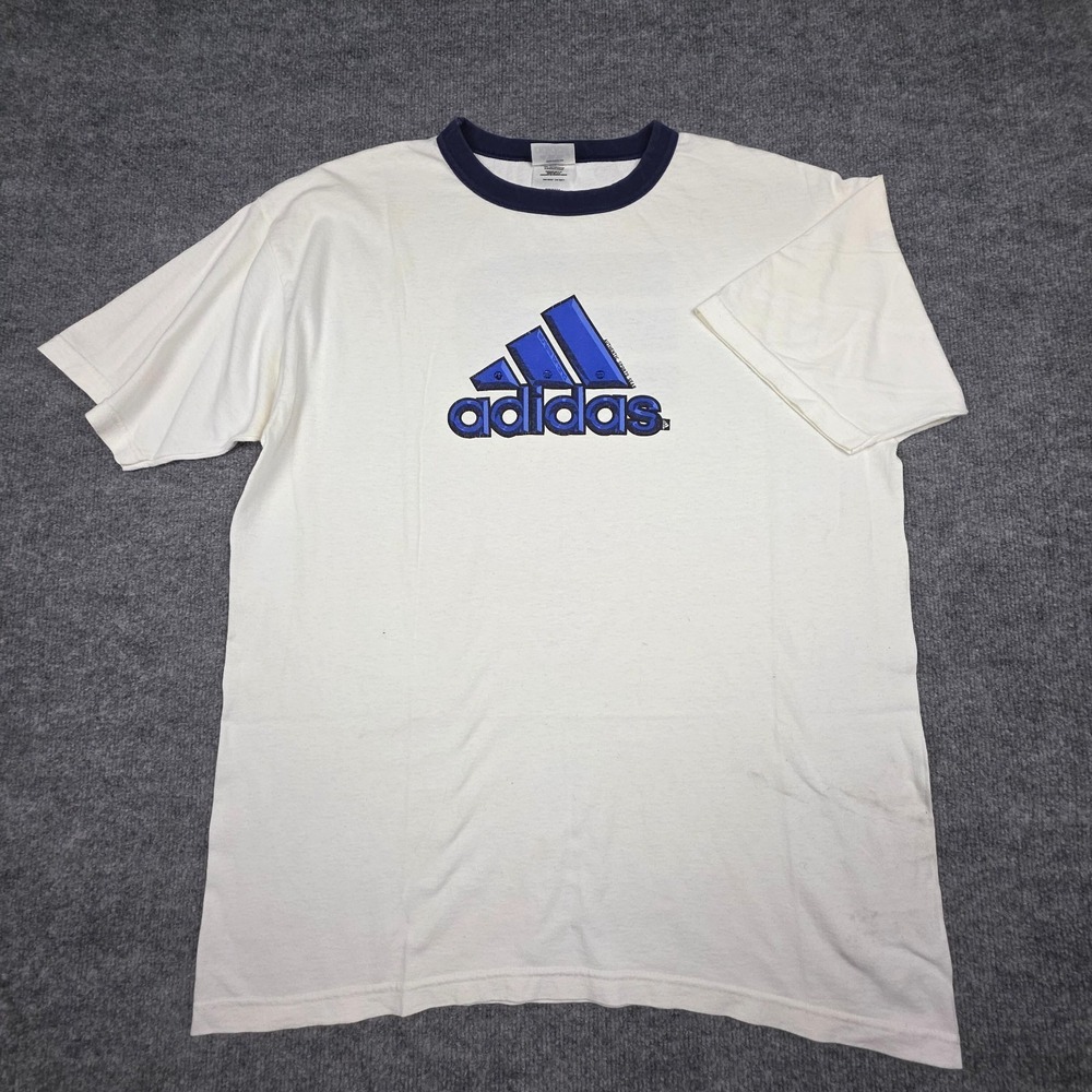 Vintage Adidas T-Shirt Men's Large White Graphic Double Sided Made USA *Marks
